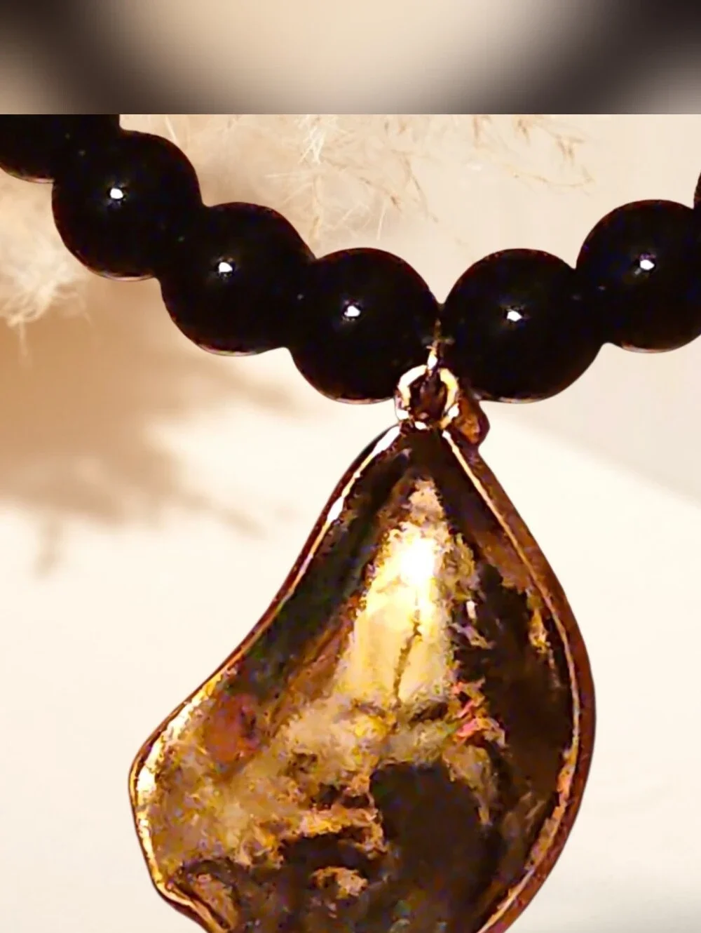 MAYAMAR Black Agate Beaded Gold Shell Pendant Necklace